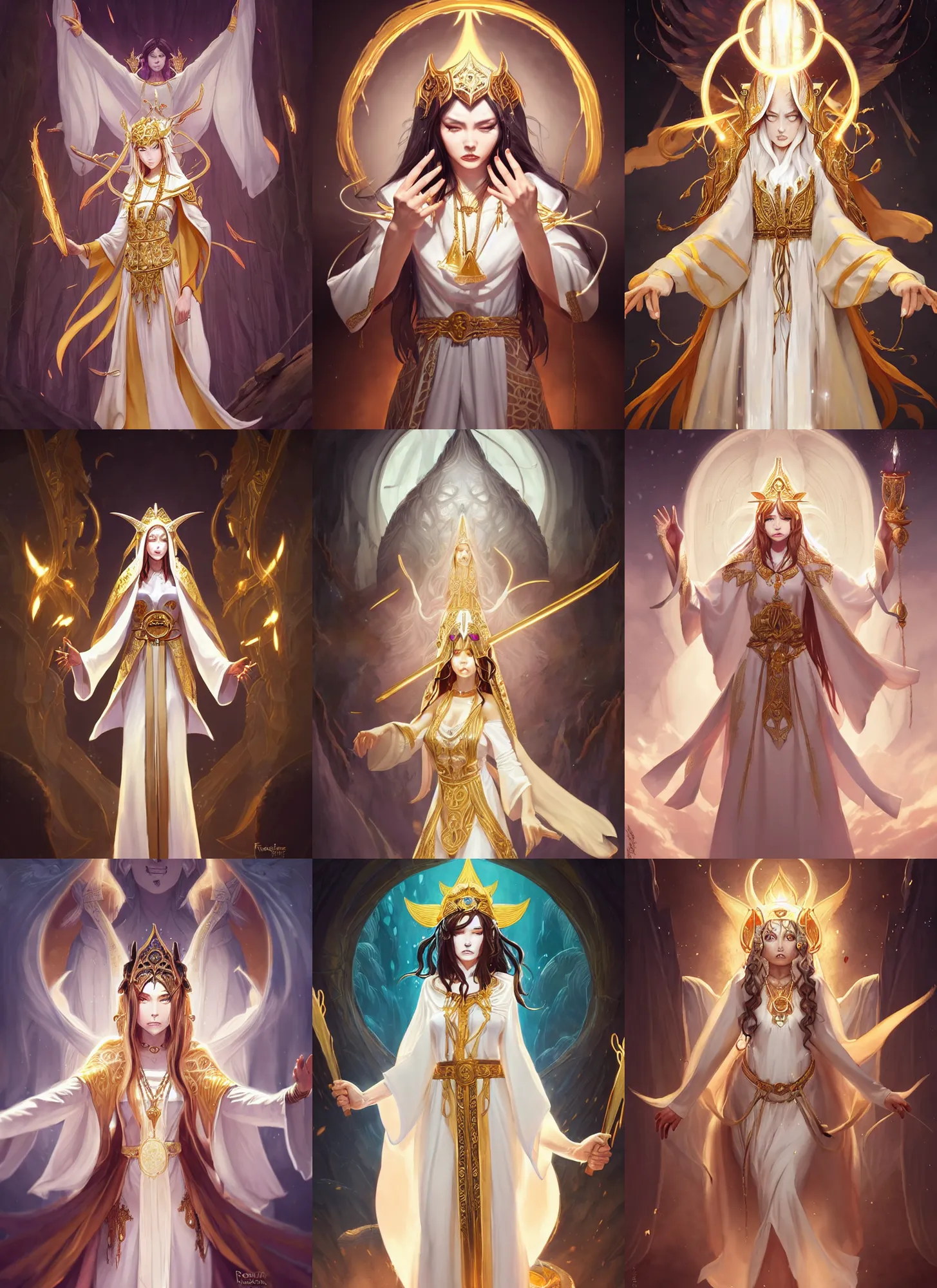 Prompt: picture of a priestess channelling a vengeful spirit onto herself, brunette, white robes, golden accessories, high fantasy, dnd, extremely detailed, smooth, sharp focus, digital illustration, by rossdraws, frank franzzeta, sakimichan