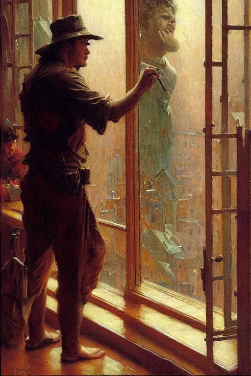 Prompt: irresistible man staring through a window, rainy day cafe painting by gaston bussiere, craig mullins, j. c. leyendecker