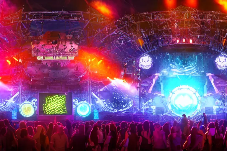 Prompt: an outdoor festival stage with audience, big 3 d letters tripmachine, center of the stage is a big futuristic steampunk machine with gears and belts and tubes, surrounded by big screens and loudspeakers, rock musicians on the stage, laser show, 8 k, fluorescent colors, halluzinogenic, multicolored, exaggerated detailed, unreal engine