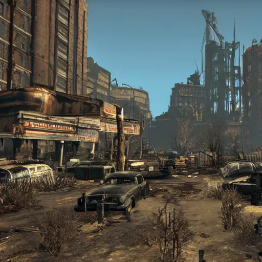 Image similar to New York in ruins post-nuclear war in Fallout 4, in game screenshot