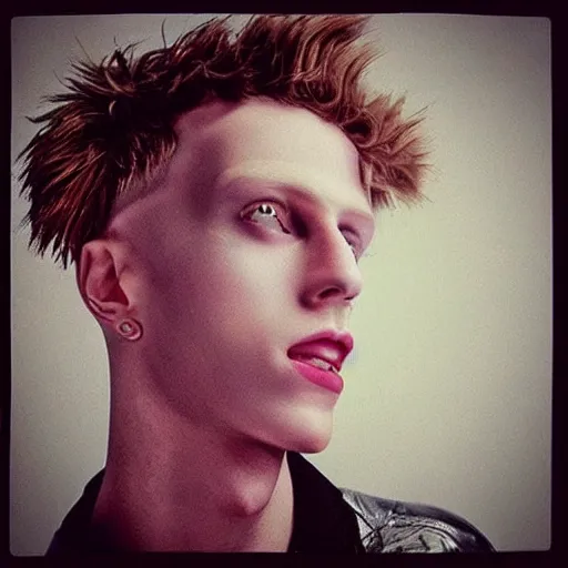 Image similar to “a realistic detailed photo of a guy who is an attractive humanoid who is half robot and half humanoid, who is a male android, rapper Machine Gun Kelly, shiny skin, posing like a statue, blank stare”