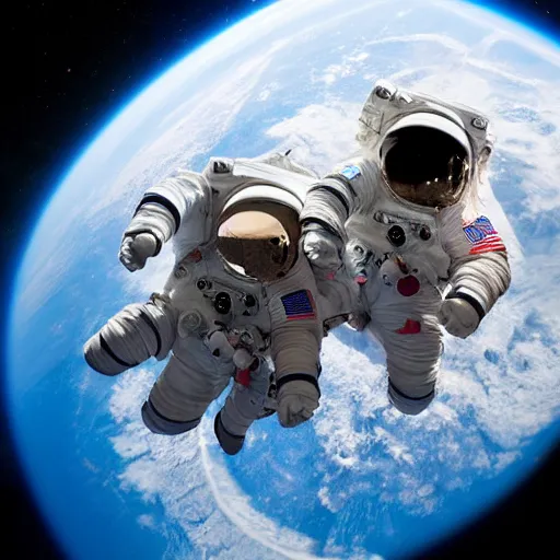 Prompt: two astronauts having a cup of tea with a table between them, floating in space, realistic photography