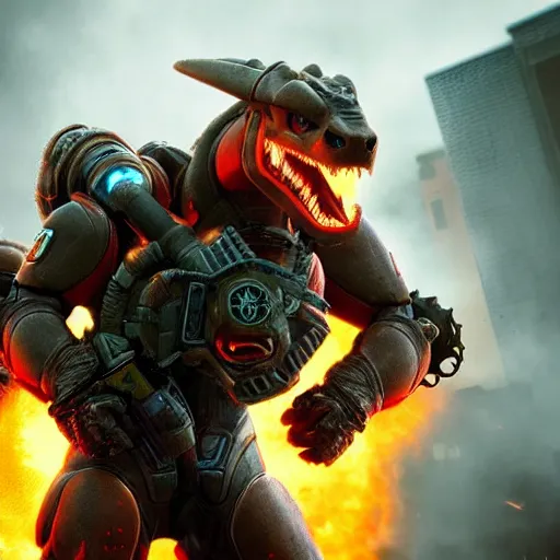 Image similar to Charizard in gears of war, splash art, movie still, detailed face, photorealistic facial features, cinematic lighting, dramatic, octane render, long lens, shallow depth of field, bokeh, anamorphic lens flare, 8k, hyper detailed, 35mm film grain