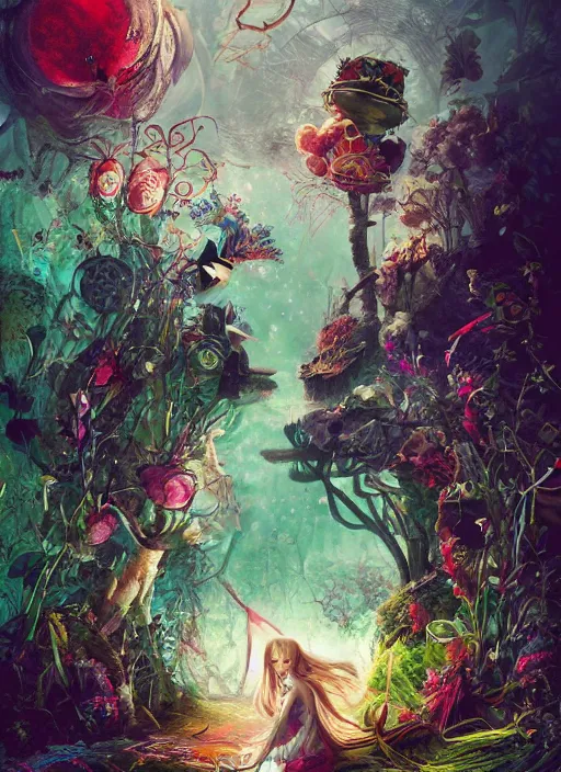 Prompt: alice in wonderland, solarpunk style, highly detailed, cinematic, 8 k, by megan duncanson, benjamin lacombe, adrian borda, stanley artgermm, tom bagshaw, craig mullins, carne griffiths, ayami kojima, beksinski, giger, trending on deviantart, hyper detailed, horror, full of colour