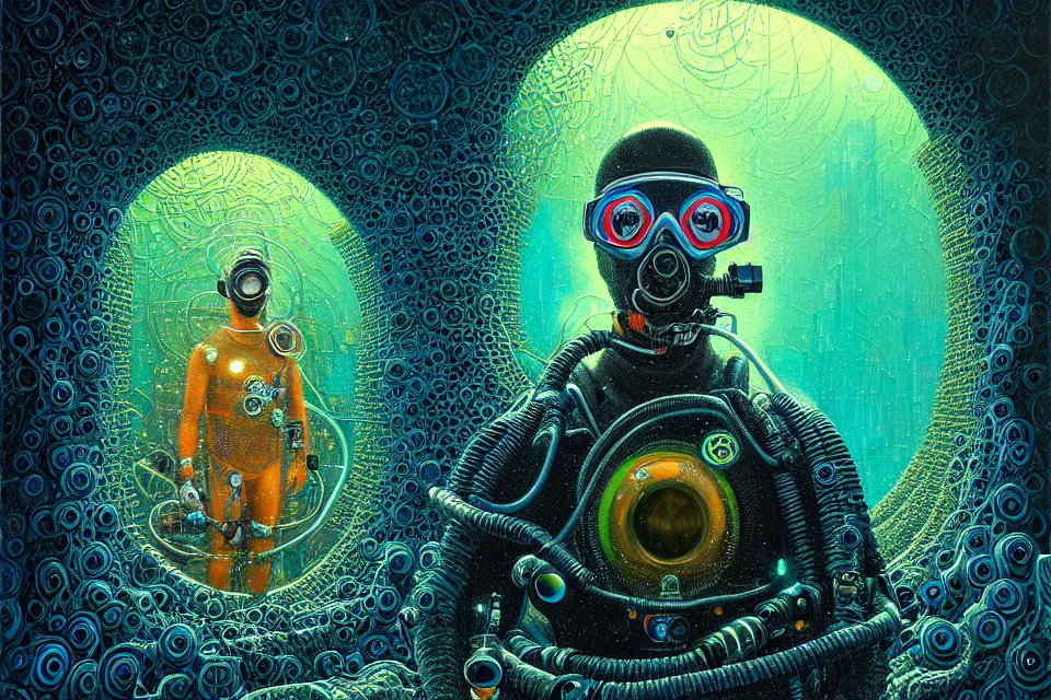 Image similar to detailed portrait of a cyberpunk scuba diver inside a dmt portal by james r eads and tomasz alen kopera gediminas pranckevicius