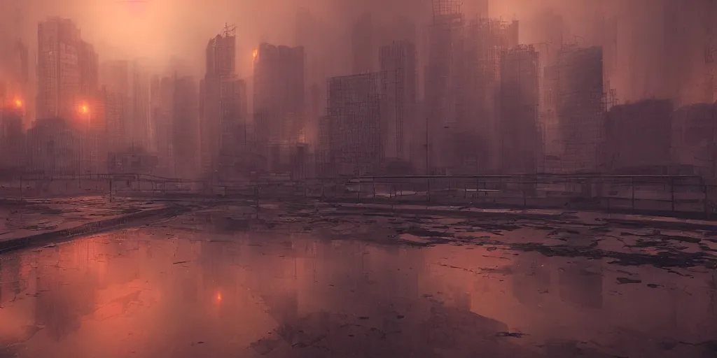 Prompt: soviet brutalims japan city view by eddie mendoza and greg rutkowsi, orange glow, puddles of water, sunset, trees, foggy, dark, moody, volumetric lighting, dirty