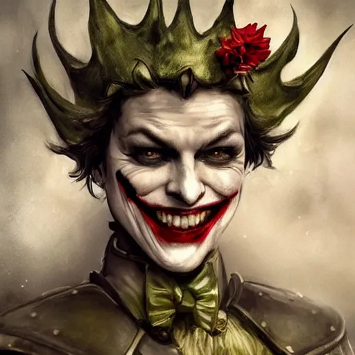 Image similar to joker as an attractive young smiling woman played by milla jovovich wearing a mushroom crown and heavy armoured wedding dress, face portrait, hd shot, digital portrait, elegant, beautiful, fantasy art, artstation, comic style, by artgerm, guy denning, jakub rozalski, magali villeneuve and charlie bowater