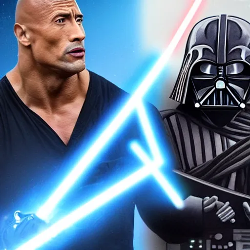 Prompt: 1 0 0 dwayne johnson versus darth vador, realistic, star wars