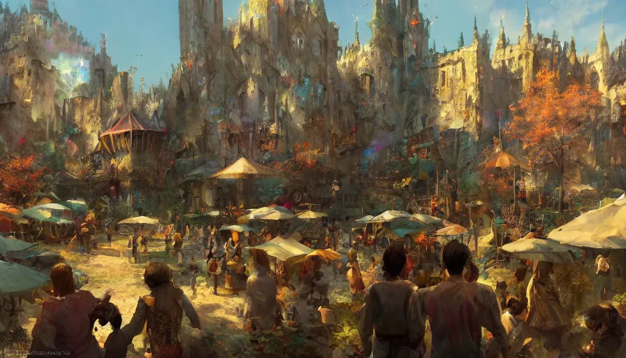 Image similar to craig mullins and ghibli digital illustration of a festival in the medieval city of the fae, faeries, fanciful, colorful, unreal engine, hyper realism, realistic shading, cinematic composition, realistic render, octane render, detailed textures, photorealistic, wide shot,