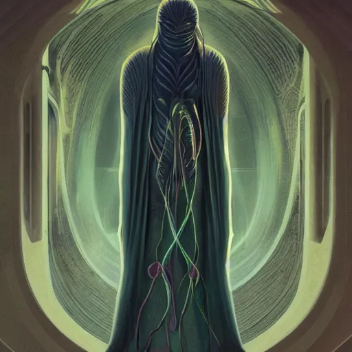 Image similar to facial portrait of tall, long-necked lipless mutant with scaled face and serpent eyes wearing gauze toga and standing in science fiction art deco mosque, alien bestiary by Barlowe, Greg Rutkowski, and Yoshitaka Amano