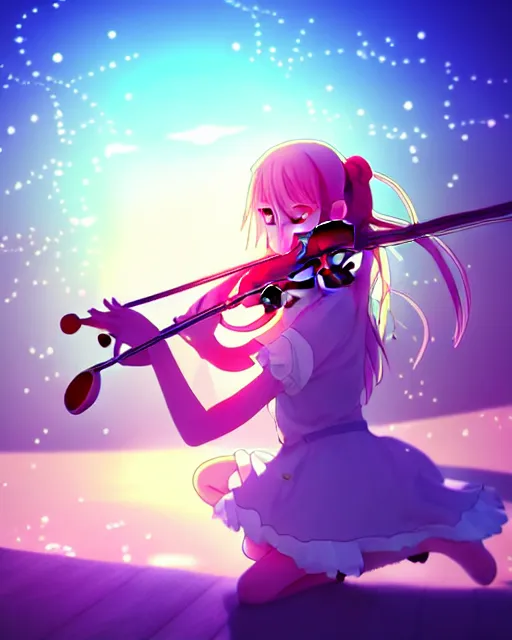 Image similar to anime style, creative, full body, a cute girl with white skin and long pink wavy hair holding a violin and playing a song, heavenly, stunning, realistic light and shadow effects, happy, centered, landscape shot, happy, simple background, studio ghibly makoto shinkai yuji yamaguchi