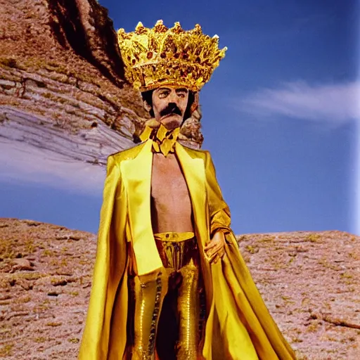 Prompt: salvador dali wearing a golden costume with jewels and golden crown, in a dry rocky desert landscape, visible sky and sunny atmosphere, fata morgana film still from the movie by alejandro jodorowsky with cinematogrophy of christopher doyle and art direction by hans giger, anamorphic lens, kodakchrome, very detailed photo, 8 k