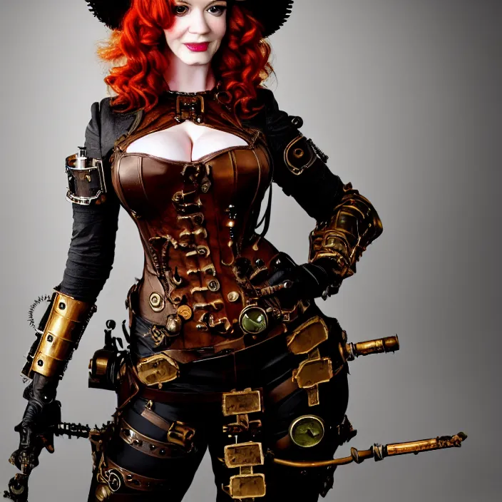 Prompt: full body photograph of christina hendricks as a steampunk warrior. Extremely detailed. 8k