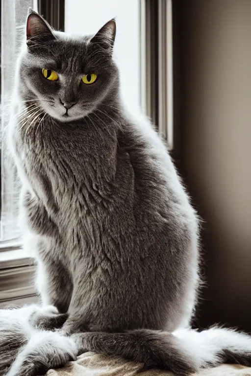 Image similar to “ fluffy grey cat lying on cat tree near window, cozy living room, warm, cotton, dramatic lighting, extremely high quality, leica m - a, lux 3 5 fle, portra 8 0 0 ”