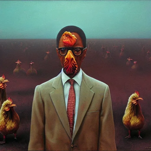 Prompt: gustavo fring and chickens as a zdzisław beksinski painting