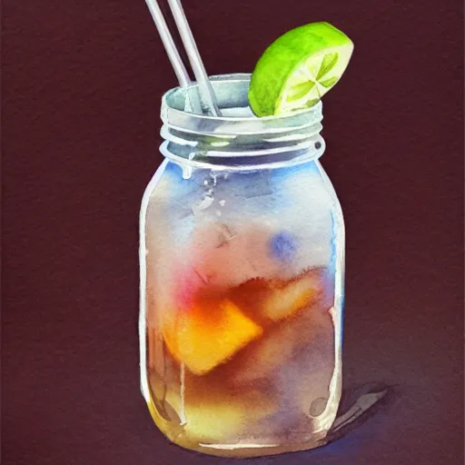 Prompt: Ice Tea in a mason jar, Watercolor, photorealistic, high resolution, award winning, trending on artstation, art poster, art by artgerm