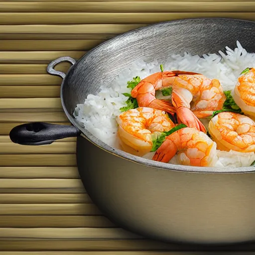 Image similar to A shrimp chef cooking rice in a pan, digital art