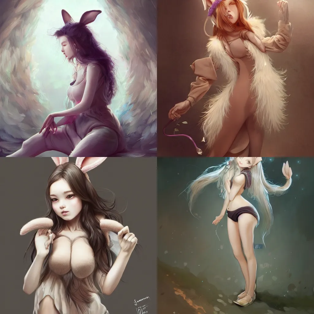 Prompt: An beautiful digital painting of a casually clothed woman wearing large bunny ears, detailed hair, detailed fur, bunny girl, by Stanley Artgerm Lau, WLOP, Rossdraws, James Jean, Andrei Riabovitchev, Marc Simonetti, and Sakimichan, tranding on artstation, she is wearing CLOTHES. DRESS. PANTS. CASUAL CLOTHING.