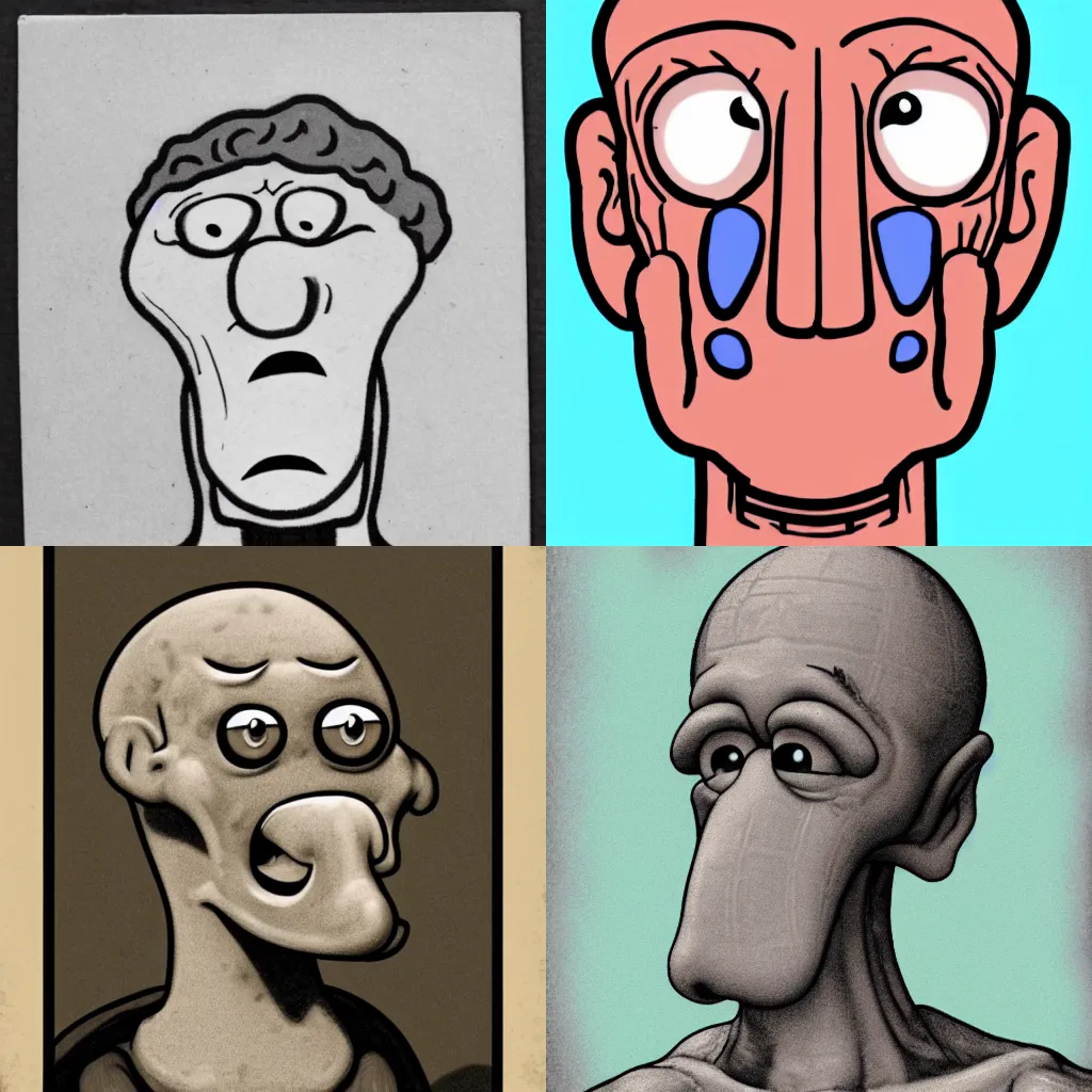 Prompt: Close portrait of Squidward, with a chiseled chin and weightlifter features
