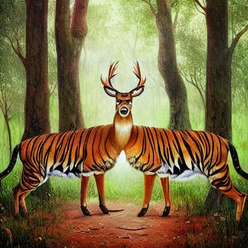 Image similar to !!! deer and!!! tiger standing close to each other in sherwood forest by esao andrews