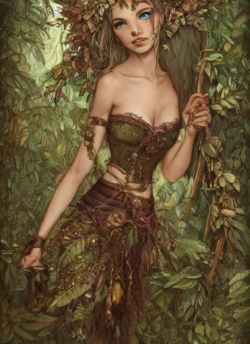 Prompt: daguerreotype of beautiful elf, jungle princess, dress made of leaves, detailed face, tanned skin, wild brunette hair, smirk, wilderness, steampunk, dnd, smooth, sharp focus, extremely detailed, by rebecca guay, rossdraws, wlop, colorful