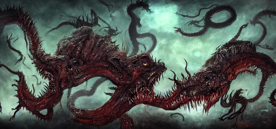 Image similar to concept art of dragon attack, lovecraftian, lots of teeth, melting horror, feathers, fighting the horrors of the unknown with laser guns