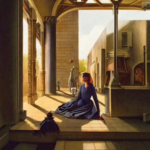 Image similar to detailed face of an intelligent scholarly woman with kind eyes in a architectonic ionic courtyard at a science expo, atmospheric, ambient, pj crook, syd mead, livia prima, artgerm, greg rutkowski, nick alm, casey baugh