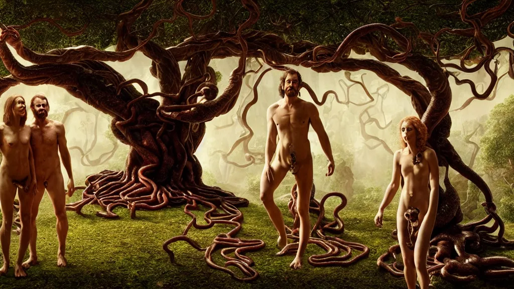 Image similar to Adam and eve with a screaming worm monster, the tree of life, maximalist, high detail, 8k, ornate, dark fantasy, realistic, masterpiece, complex, WLOP, film still from the movie directed by Denis Villeneuve, wide angle