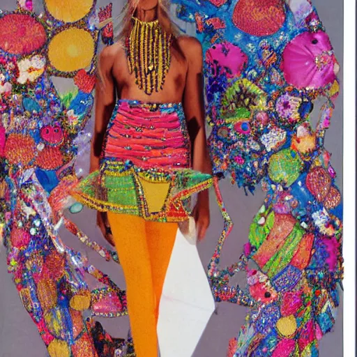 Image similar to high fashion outfit made of fabrics and crystals from a colorful desert society as drawn by antonio lopez and bil donovan