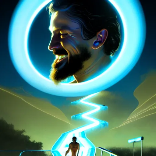 Image similar to tron legacy jesus riding waterslide, face closeup, laughing, diffuse lighting, hyper realistic, concept art, intricate, hyper detailed, smooth, sharp focus, illustration, trending on artstation, art by greg rutkowski and james gurney and alphonse mucha