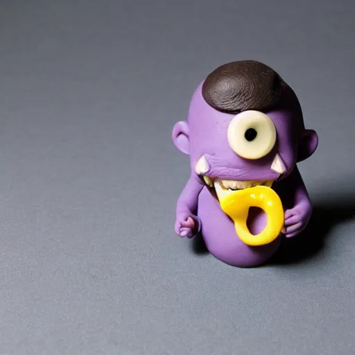 Prompt: tiny moustached homunculus with a huge mouth screaming and crying tiny little feet and purple skin, clay model