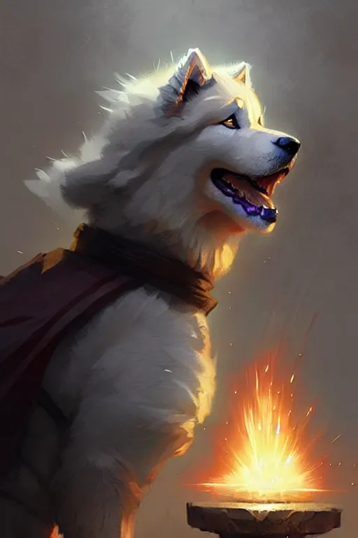 Image similar to comic book cover. heroic samoyed dog in mage clothes by greg rutkowski, trending on artstation