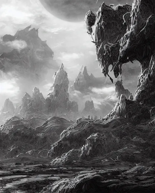 Image similar to the ivory fields, city of desert, buildings, black and white, environment art, fantasy art, landscape art, in the style of masami kurumada, illustration, epic, fantasy, intricate, hyper detailed, artstation, concept art, smooth, sharp focus, ray tracing