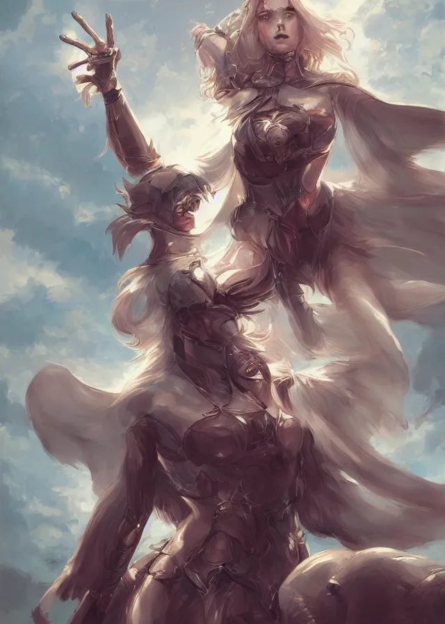 Image similar to a noble knight women raise her hand to summon her raccoon spirit above her, by artgerm, charlie bowater, featured on artstation