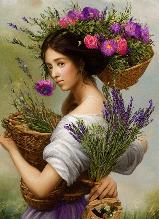 Image similar to a stunning intricate portrait of A beautiful woman, She's carrying a basket of flowers, and she has a sprig of lavender in her hair