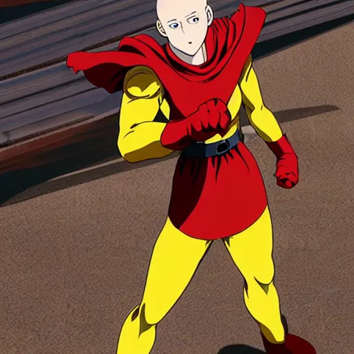 Image similar to One Punch man, action photograph, charging up a red fiery punch, bald man, serious face , long flowing cape, yellow jumpsuit