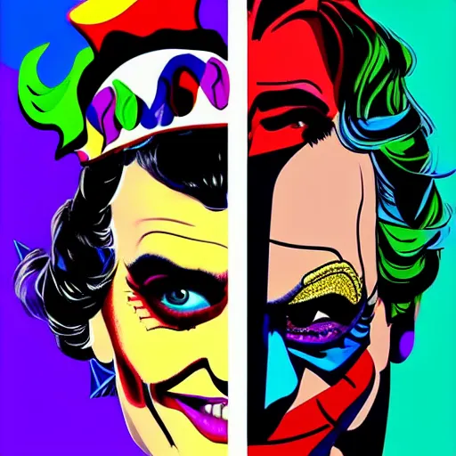 Image similar to richard hamilton and mimmo rottela as lady gaga harley queen and joaquin phoenix joker couple, pop art, 2 color, center, object details, dynamic composition, 4 k, ultra realistic art, smooth, sharp focus, illustration, concept art, intricate details, h 7 6 8