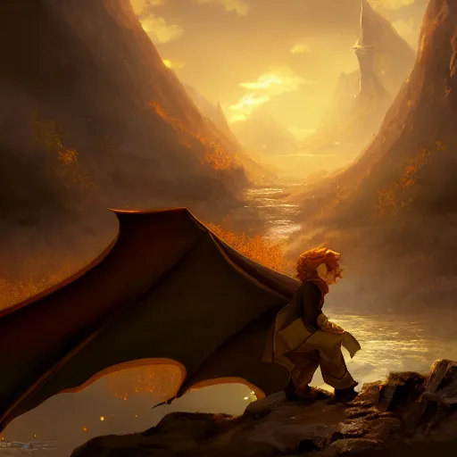 Prompt: bilbo baggins stealing gold from the dragon smaug, highly detailed, digital painting, concept art, sharp focus, by makoto shinkai