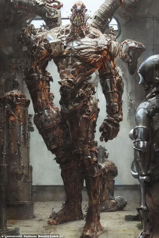 Prompt: scientists in a laboratory observe a martyn ford as a huge bipedal martian wearing armour, painted by ruan jia, raymond swanland, lawrence alma tadema, zdzislaw beksinski, norman rockwell, jack kirby, tom lovell, alex malveda, greg staples