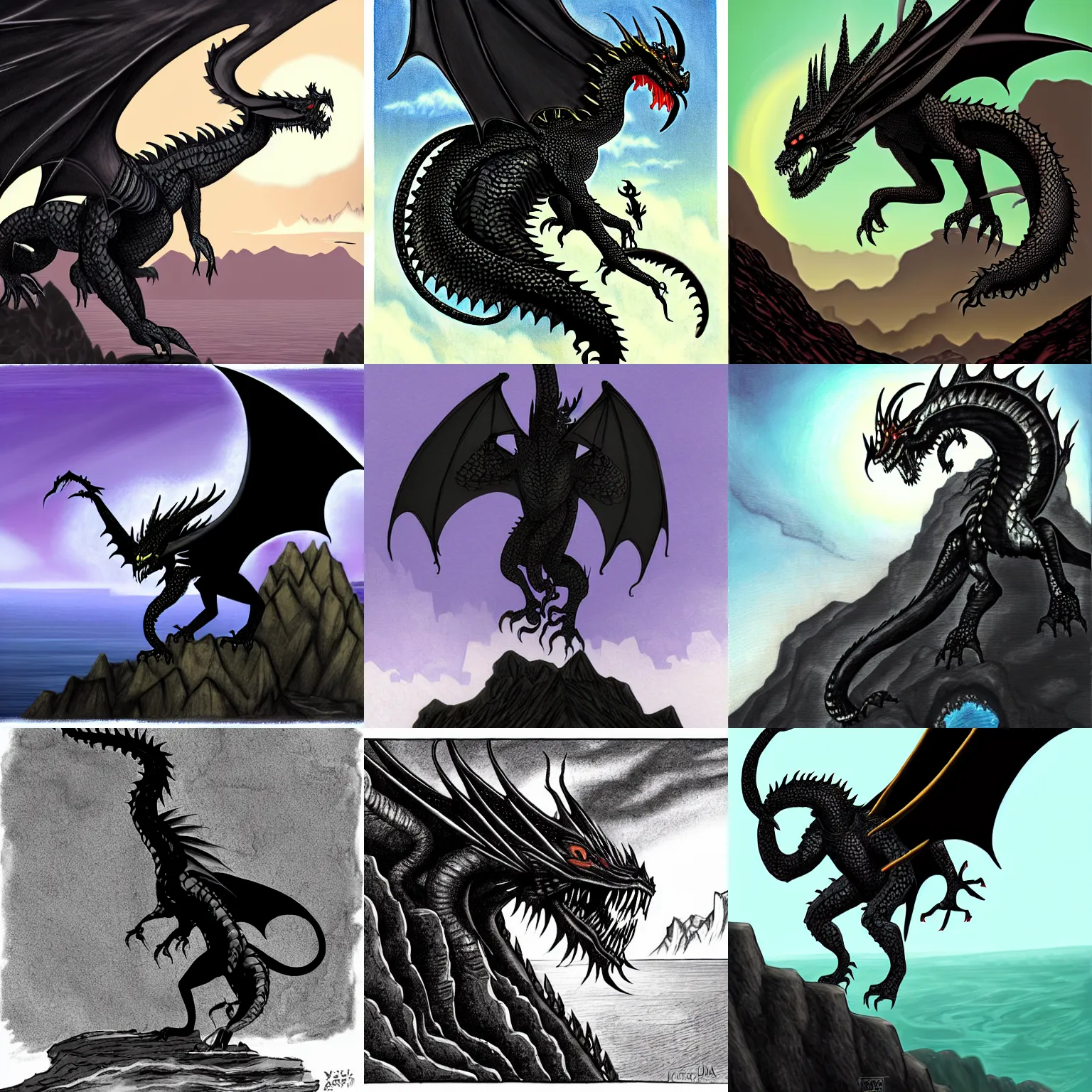 Prompt: black dragon standing atop a cliff, art by lovecraft