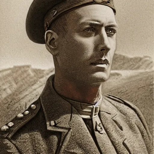 Image similar to a detailed photorealistic sepia - toned color portrait photo of a 1 9 1 7 worried clean - shaven british lieutenant in detailed field gear not wearing a hat in wadi rum, ultra realistic, painted, intricate details, lovecraft, atmospheric, dark, horror, brooding, highly detailed, by clyde caldwell