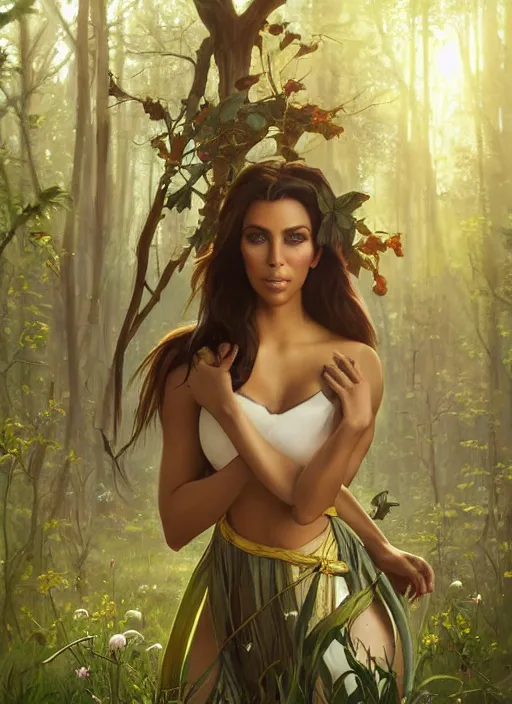 Image similar to Kim Kardashhian as a elf on a beautiful lush forest meadow, afternoon, art by Artgerm and Greg Rutkowski and Alphonse Mucha, DAZ, hyperrealistic, ambient light, dynamic light, vray