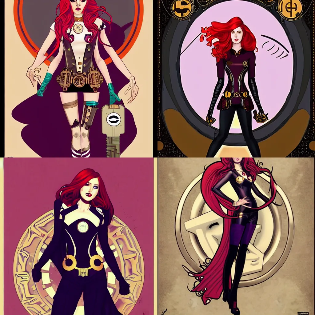 Image similar to pretty female Karen Gillan steampunk Batgirl DC comics, Jamie McKelvie comic art, art nouveau, Peter Mohrbacher, Alphonse Mucha, sarcastic confident smile, symmetrical eyes, symmetrical face, long red hair, full body