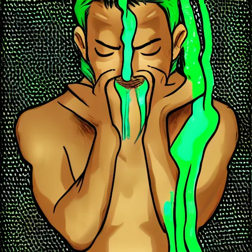 Prompt: a shirtless man with green hair crying in the shower, an album cover by oliver sin, featured on tumblr, harlem renaissance, seapunk, 2 d, aesthetic, vivid, somber, melancholy, vintage