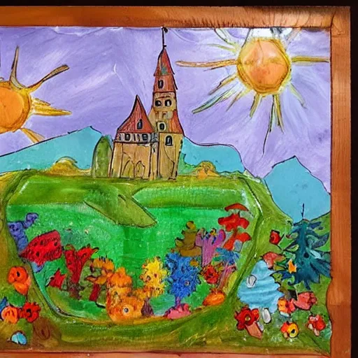 Image similar to children's art of a castle landscape, detailed