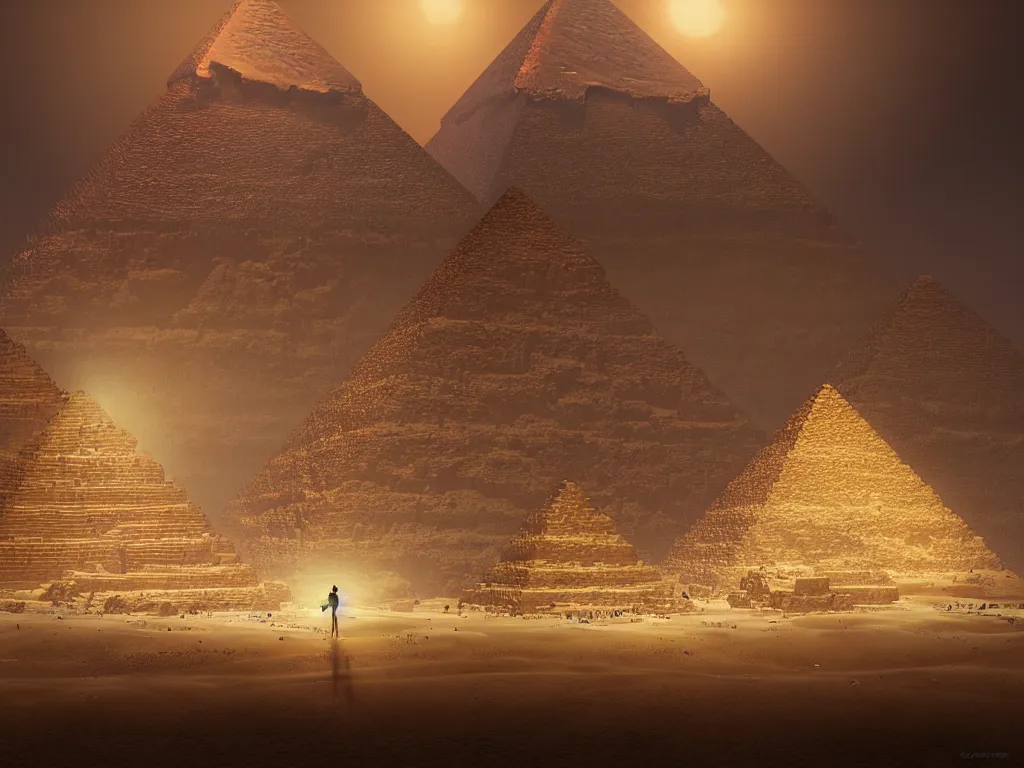 Image similar to photography of an egyptian god standing in front of the giza pyramid, fantasy ,volumetric lighting, intricate, elegant, hyperdetailed 3d matte painting, highly detailed, digital painting, artstation, smooth, sharp focus, illustration, art by Makoto Shinkai and artgerm, hyperrealism, hyperrealistic, cinematic masterpiece, fantasy style 8k ultrahd octane render