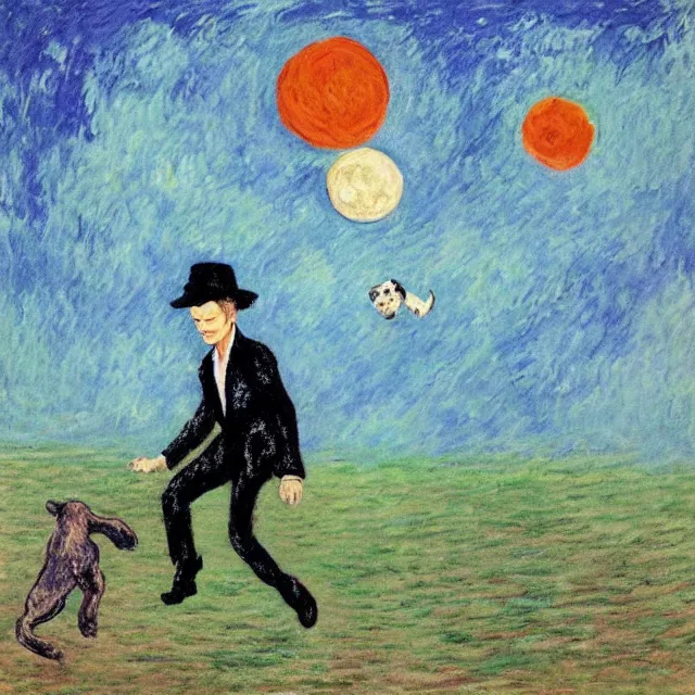 Image similar to david bowie wearing a fedora, kicking a puppy on the moon by monet