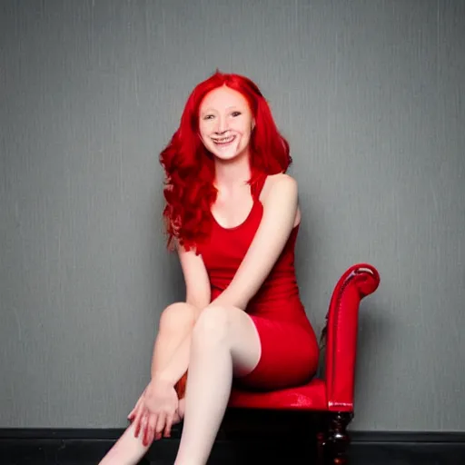 Prompt: a beautiful red - haired girl is sitting with iron legs spread in a red room