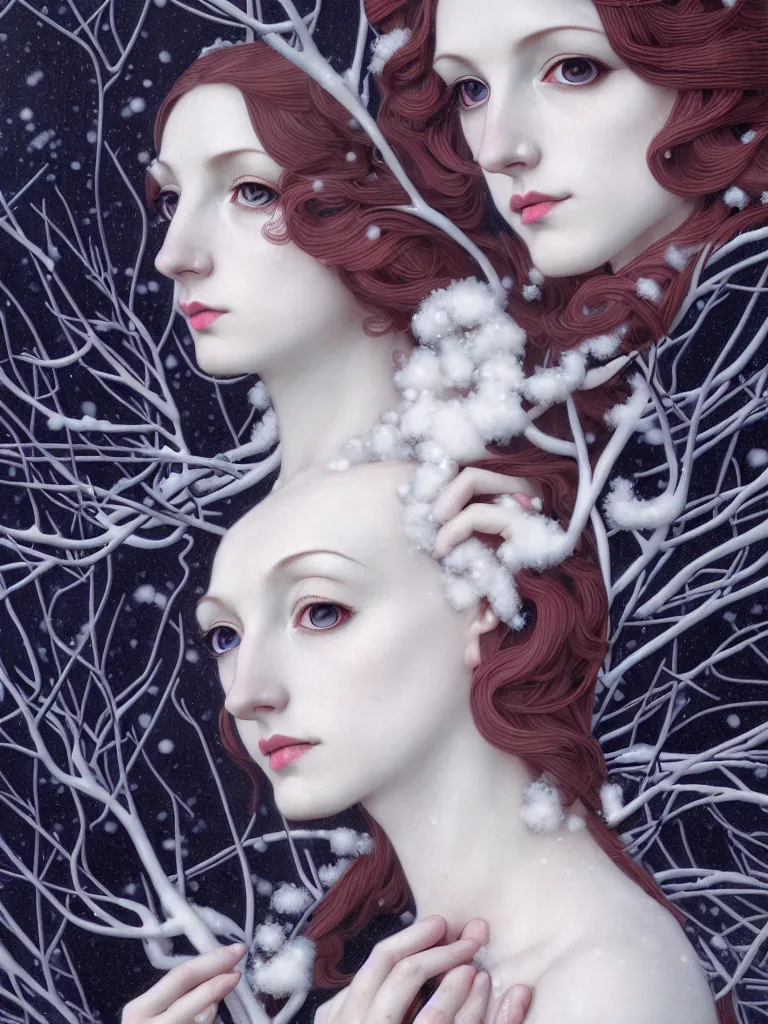 Prompt: personification of winter as a triad of muses, somber, mournful, style mix of æon flux, shepard fairey, botticelli, john singer sargent, pre - raphaelite, shoujo manga, branches, snow, ice, dark muted colors, superfine ink detail, ethereal, 4 k photorealistic, arnold render