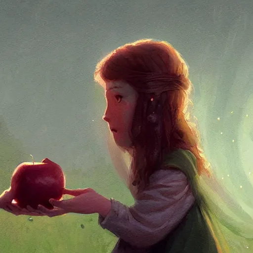 Image similar to a girl accepting an apple from a green skinned witch, by Jordan Grimmer and greg rutkowski, crisp lines and color,